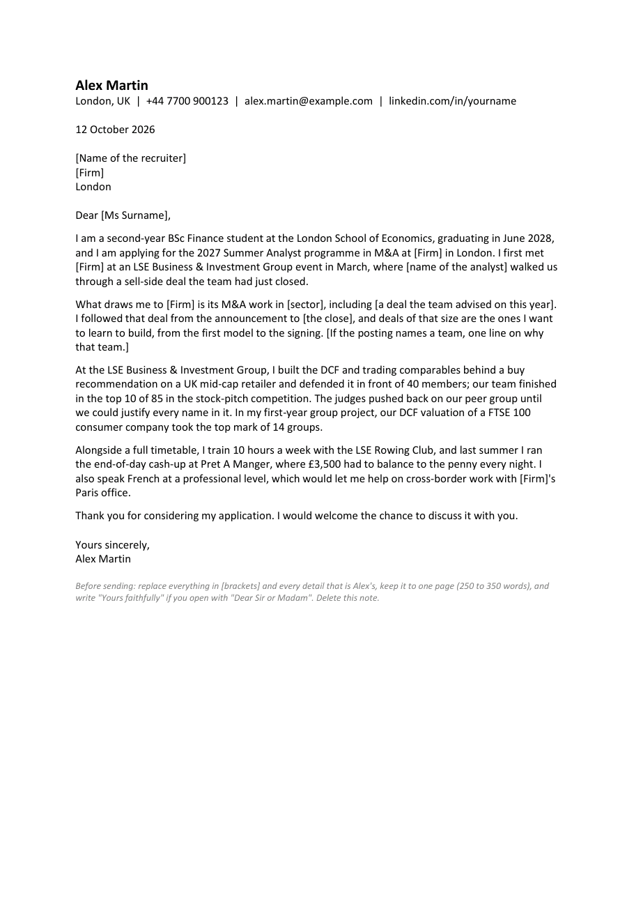 Cover letter template for a 2027 Summer Analyst application in M&A, four paragraphs on one page