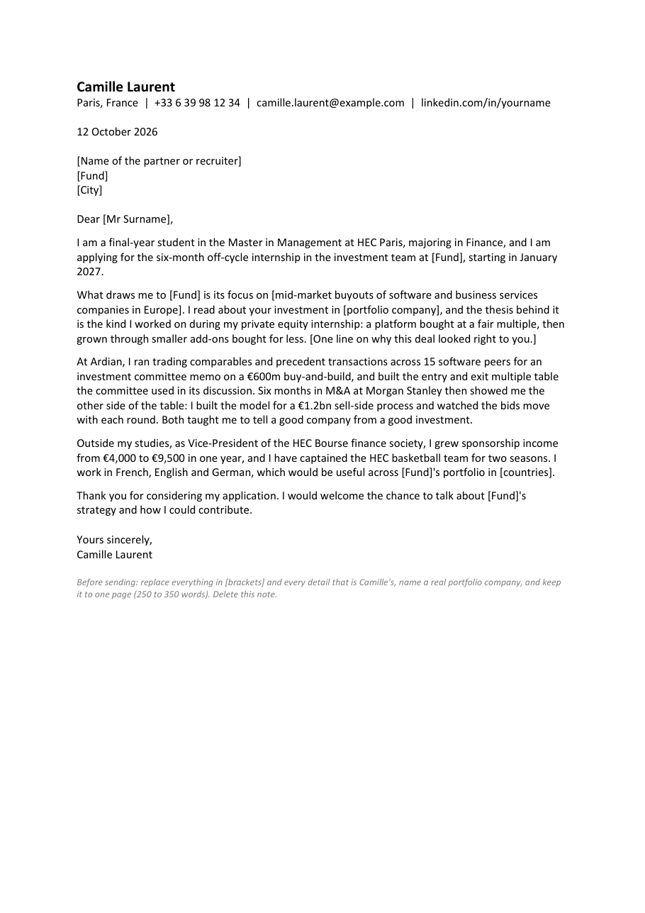 Cover letter template for an off-cycle private equity internship, four paragraphs on one page