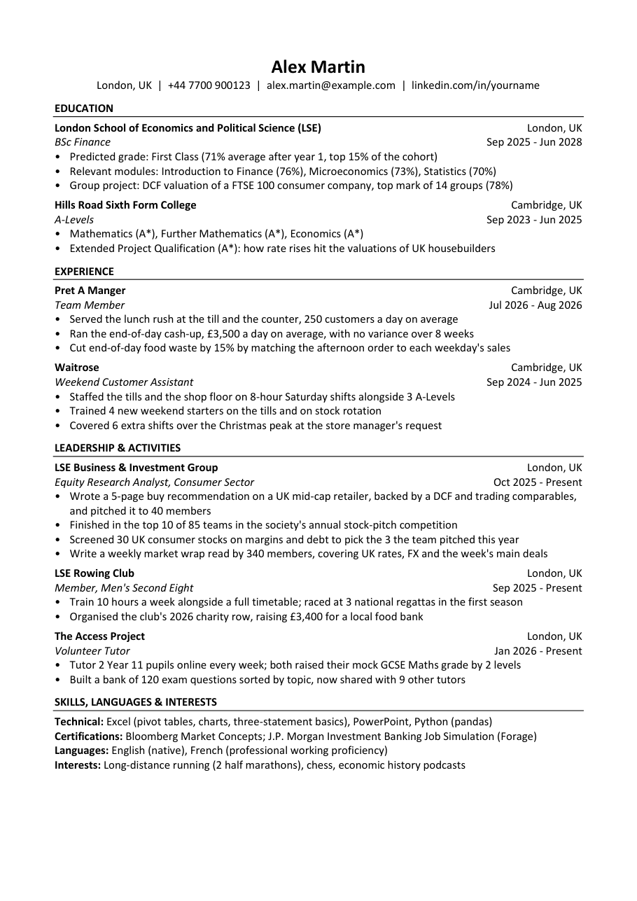 One-page finance CV template for a student with no finance internship yet: Education first, then Experience, Leadership and Activities, Skills