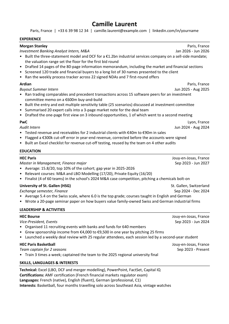 One-page finance CV template for a student with M&A and private equity internships: Experience first, then Education, Leadership and Activities, Skills