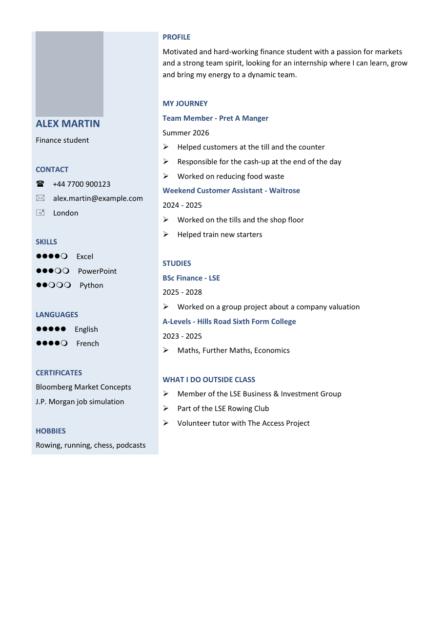 The same student's CV in a generic layout: a photo, a tinted sidebar with skill dots, headings such as My journey